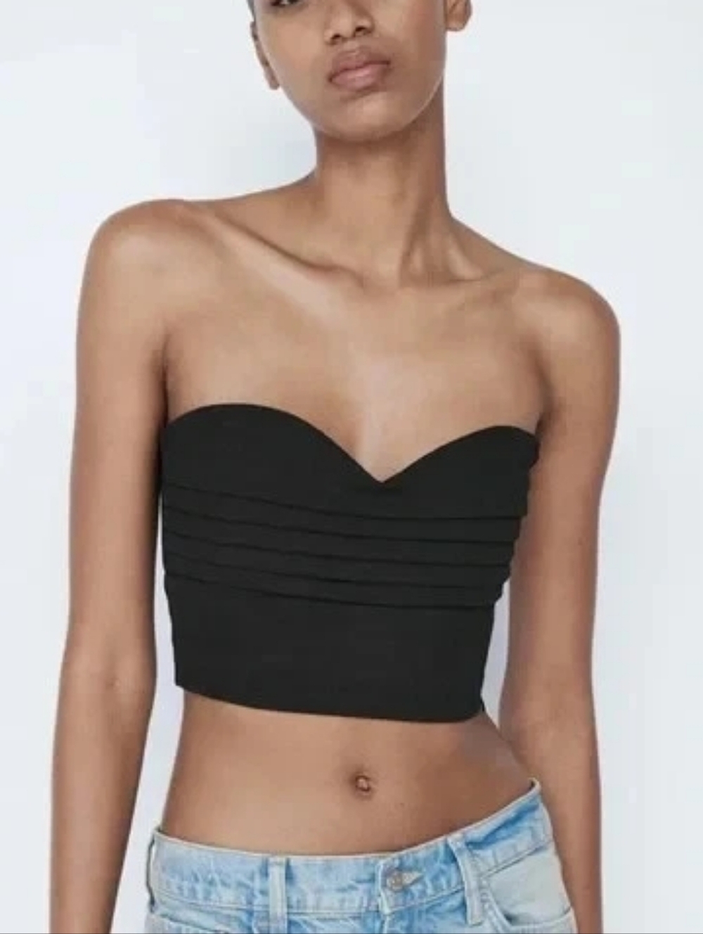 Zara Pleated Sweetheart Strapless Neckline Elastic Cropped Top